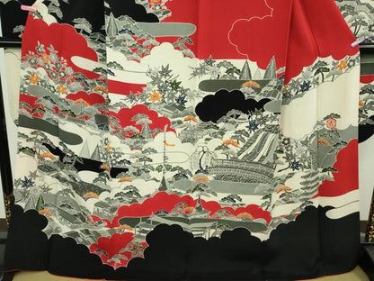 平和屋本店●極上 和染紅型 栗山紅型 栗山吉三郎 振袖 渡橋風景文 鬼しぼ縮緬 逸品 DZAB3701kh6