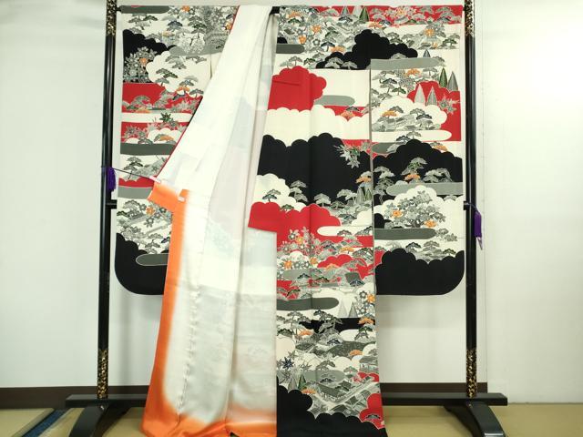 平和屋本店●極上 和染紅型 栗山紅型 栗山吉三郎 振袖 渡橋風景文 鬼しぼ縮緬 逸品 DZAB3701kh6