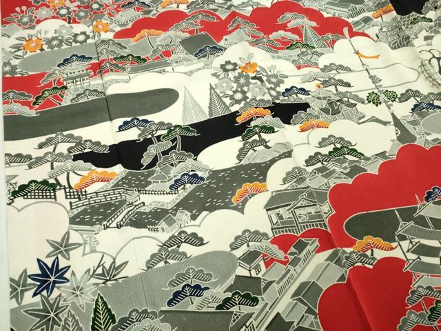 平和屋本店●極上 和染紅型 栗山紅型 栗山吉三郎 振袖 渡橋風景文 鬼しぼ縮緬 逸品 DZAB3701kh6