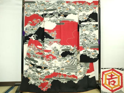 平和屋本店●極上 和染紅型 栗山紅型 栗山吉三郎 振袖 渡橋風景文 鬼しぼ縮緬 逸品 DZAB3701kh6