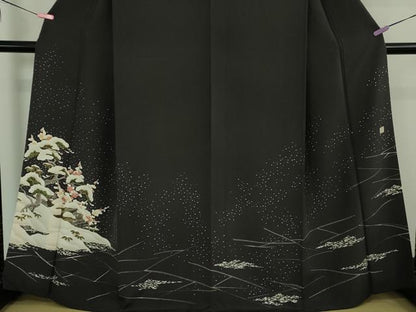 平和屋本店●極上 糸目友禅作家 橋村重彦 青山みとも 訪問着 雪景色 松竹梅 青褐色地 逸品 DZAB3702kh6