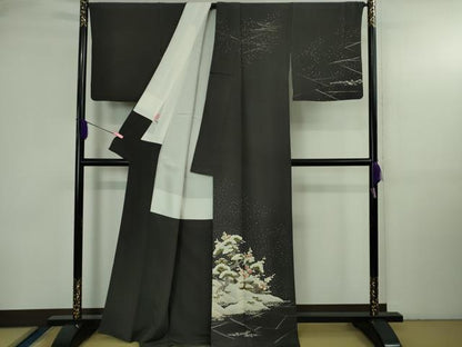 平和屋本店●極上 糸目友禅作家 橋村重彦 青山みとも 訪問着 雪景色 松竹梅 青褐色地 逸品 DZAB3702kh6
