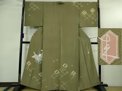 平和屋本店●極上　二代目・由水十久　本加賀友禅　訪問着　豊年五穀文　利休色地　証紙付き　逸品　DZAB3710kh6