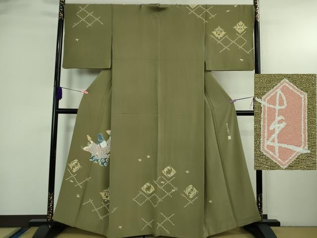 平和屋本店●極上　二代目・由水十久　本加賀友禅　訪問着　豊年五穀文　利休色地　証紙付き　逸品　DZAB3710kh6