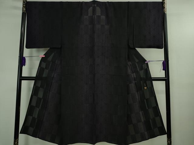 平和屋本店＊極上　夏物　男性　児島廣和　アトリエ 聖jin苑　小紋　紗　市松　麻の葉　黒地　反端付き　逸品　DZAB3715kh6