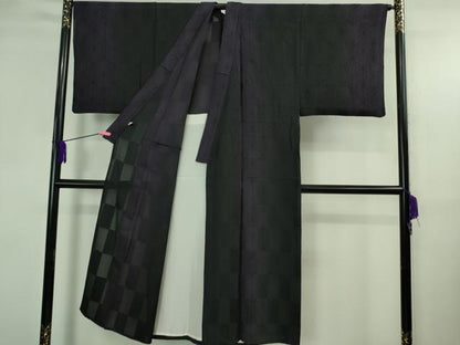 平和屋本店＊極上　夏物　男性　児島廣和　アトリエ 聖jin苑　小紋　紗　市松　麻の葉　黒地　反端付き　逸品　DZAB3715kh6