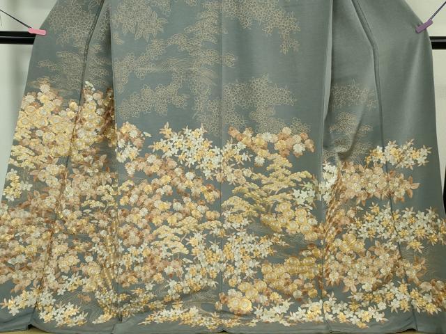 平和屋本店●極上　訪問着　総刺繍　吉祥花文　鉄御納戸色地　金糸　三越扱い　ロング丈　逸品　DZAB3716kh6