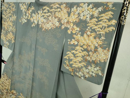 平和屋本店●極上　訪問着　総刺繍　吉祥花文　鉄御納戸色地　金糸　三越扱い　ロング丈　逸品　DZAB3716kh6