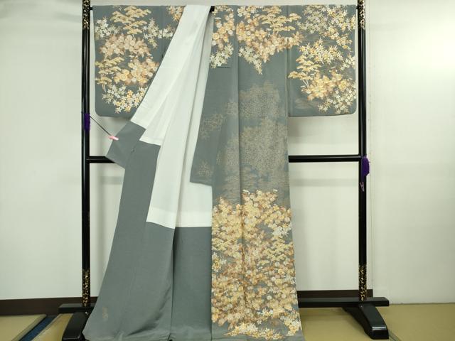 平和屋本店●極上　訪問着　総刺繍　吉祥花文　鉄御納戸色地　金糸　三越扱い　ロング丈　逸品　DZAB3716kh6