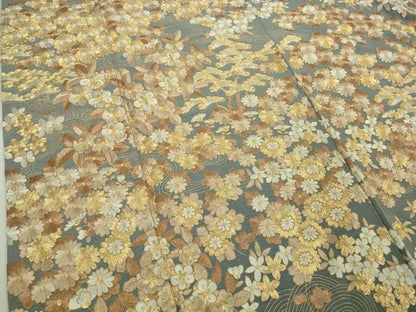 平和屋本店●極上　訪問着　総刺繍　吉祥花文　鉄御納戸色地　金糸　三越扱い　ロング丈　逸品　DZAB3716kh6