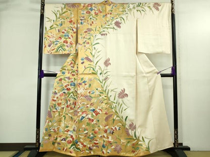 平和屋本店●最高級　訪問着　駒刺繍　草花文　薄卵色地　本金箔　逸品　DZAB3718kh6