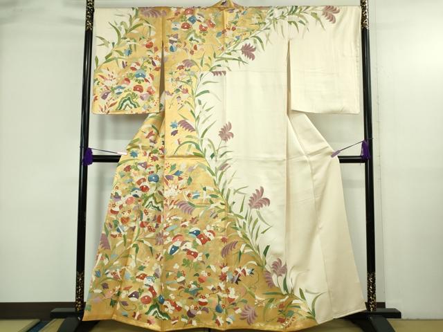 平和屋本店●最高級　訪問着　駒刺繍　草花文　薄卵色地　本金箔　逸品　DZAB3718kh6