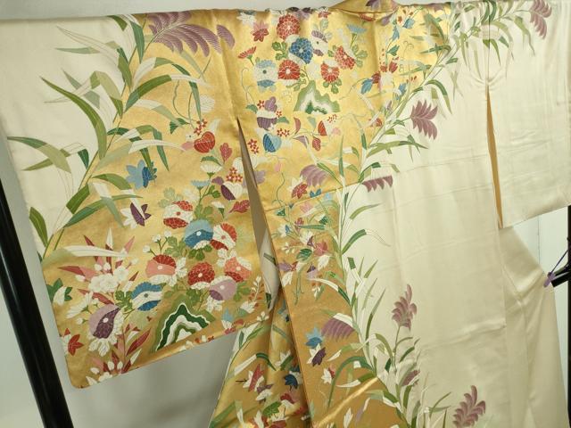 平和屋本店●最高級　訪問着　駒刺繍　草花文　薄卵色地　本金箔　逸品　DZAB3718kh6