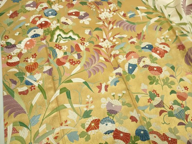 平和屋本店●最高級　訪問着　駒刺繍　草花文　薄卵色地　本金箔　逸品　DZAB3718kh6