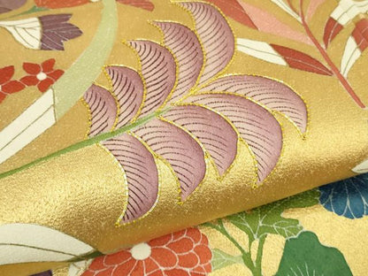 平和屋本店●最高級　訪問着　駒刺繍　草花文　薄卵色地　本金箔　逸品　DZAB3718kh6