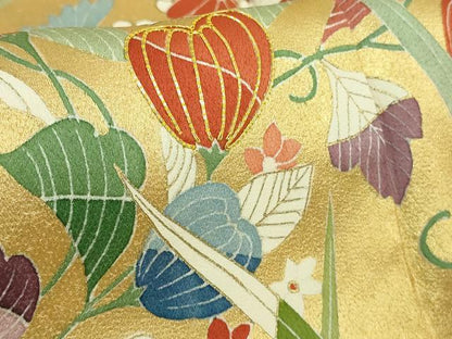 平和屋本店●最高級　訪問着　駒刺繍　草花文　薄卵色地　本金箔　逸品　DZAB3718kh6