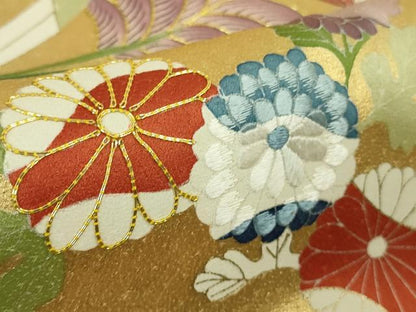 平和屋本店●最高級　訪問着　駒刺繍　草花文　薄卵色地　本金箔　逸品　DZAB3718kh6