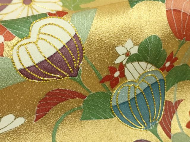 平和屋本店●最高級　訪問着　駒刺繍　草花文　薄卵色地　本金箔　逸品　DZAB3718kh6
