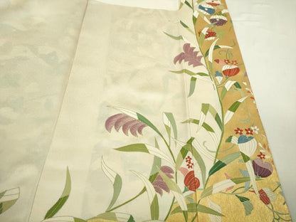 平和屋本店●最高級　訪問着　駒刺繍　草花文　薄卵色地　本金箔　逸品　DZAB3718kh6