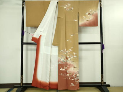 平和屋本店●極上 創業460年・千總 訪問着 駒刺繍 花筏 黄朽葉色地 暈し染め 金彩 鬼しぼ縮緬 逸品 DZAB3720kh6
