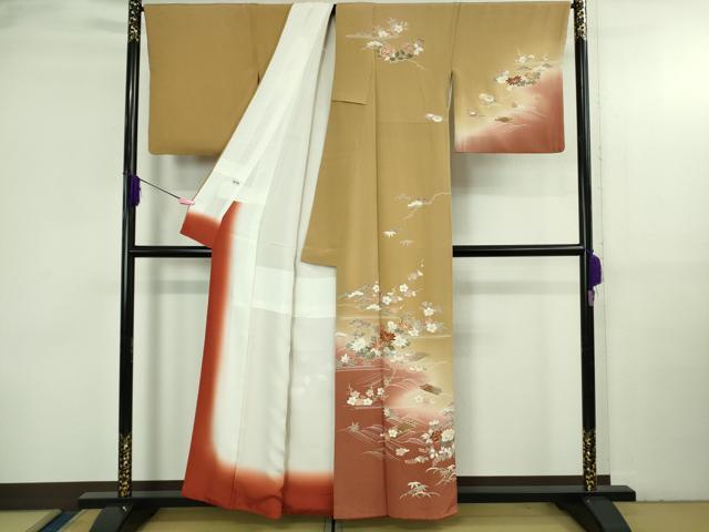 平和屋本店●極上 創業460年・千總 訪問着 駒刺繍 花筏 黄朽葉色地 暈し染め 金彩 鬼しぼ縮緬 逸品 DZAB3720kh6