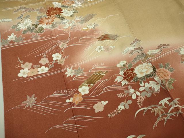 平和屋本店●極上 創業460年・千總 訪問着 駒刺繍 花筏 黄朽葉色地 暈し染め 金彩 鬼しぼ縮緬 逸品 DZAB3720kh6