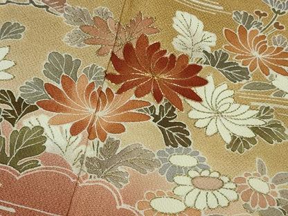 平和屋本店●極上 創業460年・千總 訪問着 駒刺繍 花筏 黄朽葉色地 暈し染め 金彩 鬼しぼ縮緬 逸品 DZAB3720kh6