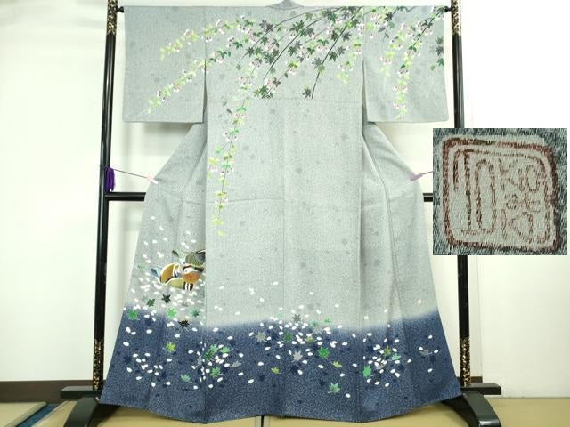 平和屋本店●極上　人間国宝　羽田登喜男　TOKIOetTOKI　訪問着　鴛鴦　枝垂れ花　暈し染め　金銀彩　逸品　DZAB3722kh6