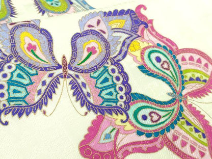 平和屋本店▽極上　BANKANわものや　訪問着　単衣　お召地　舞蝶文　象牙色地　金彩　逸品　DZAB3724kh6