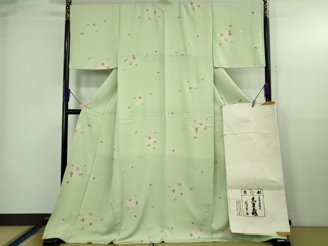 平和屋本店●極上　銀座　志ま亀　小紋　七宝　宝尽くし　白緑色地　金彩　ロング丈　たとう紙付き　逸品　DZAB3728kh6