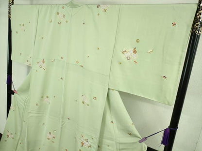 平和屋本店●極上　銀座　志ま亀　小紋　七宝　宝尽くし　白緑色地　金彩　ロング丈　たとう紙付き　逸品　DZAB3728kh6