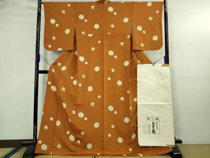 平和屋本店●極上　銀座　志ま亀　小紋　花楓文　雀茶色地　鬼しぼ縮緬　ロング丈　たとう紙付き　逸品　DZAB3730kh6