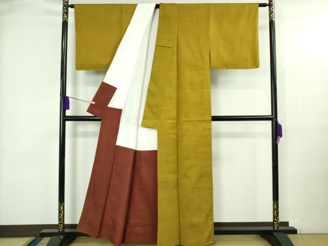 平和屋本店●極上　山下八百子　本場黄八丈　紬　市松綾織　逸品　DZAB3758kh6