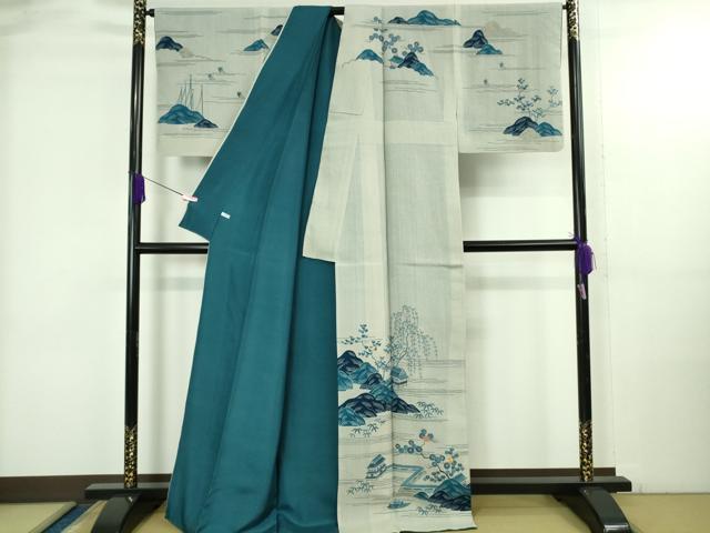 平和屋本店●極上　人間国宝　五代　田畑喜八　訪問着　紗紬　紗袷　駒刺繍　枝垂れ柳風景　金糸　逸品　DZAB3770kh6