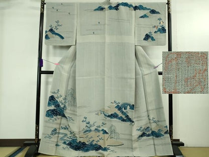 平和屋本店●極上　人間国宝　五代　田畑喜八　訪問着　紗紬　紗袷　駒刺繍　枝垂れ柳風景　金糸　逸品　DZAB3770kh6