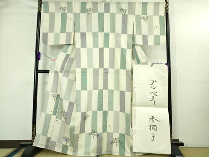 平和屋本店▽超希少　日本工芸会正会員　染色型絵染作家 岩井香楠子　訪問着　紬地　単衣　ブルーベリー　たとう紙付き　逸品　DZAB3773kh6
