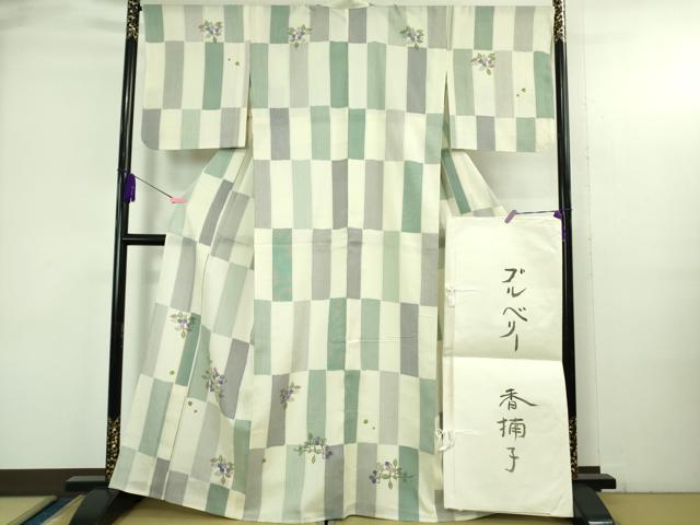 平和屋本店▽超希少　日本工芸会正会員　染色型絵染作家 岩井香楠子　訪問着　紬地　単衣　ブルーベリー　たとう紙付き　逸品　DZAB3773kh6