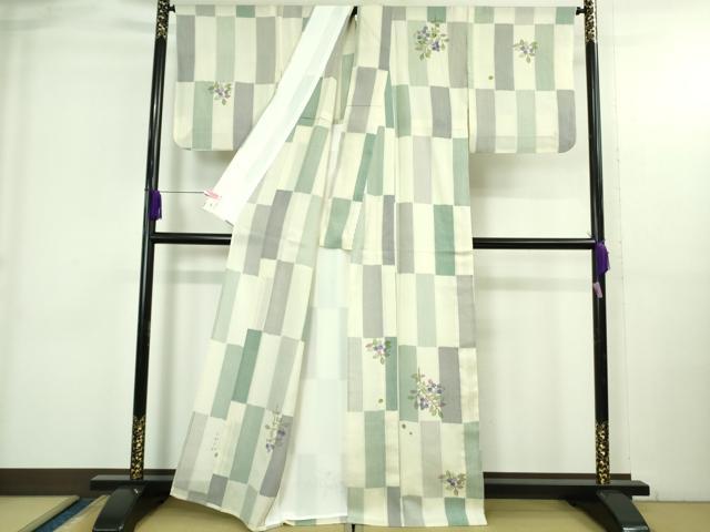 平和屋本店▽超希少　日本工芸会正会員　染色型絵染作家 岩井香楠子　訪問着　紬地　単衣　ブルーベリー　たとう紙付き　逸品　DZAB3773kh6