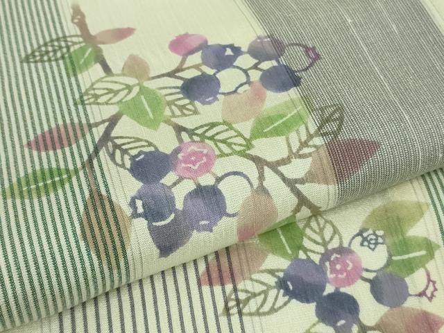 平和屋本店▽超希少　日本工芸会正会員　染色型絵染作家 岩井香楠子　訪問着　紬地　単衣　ブルーベリー　たとう紙付き　逸品　DZAB3773kh6