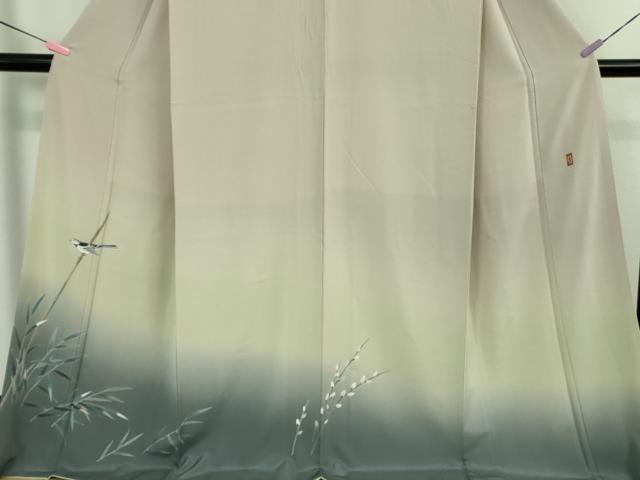 平和屋本店●極上 十日町 加賀草木友禅の第一人者 田村哲彦 訪問着 枝葉に小鳥 枯野色地 暈し染め 健勝苑扱い ロング丈 逸品 DZAB3800kh6