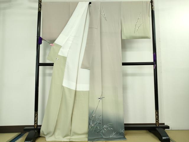平和屋本店●極上 十日町 加賀草木友禅の第一人者 田村哲彦 訪問着 枝葉に小鳥 枯野色地 暈し染め 健勝苑扱い ロング丈 逸品 DZAB3800kh6