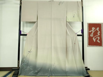 平和屋本店●極上 十日町 加賀草木友禅の第一人者 田村哲彦 訪問着 枝葉に小鳥 枯野色地 暈し染め 健勝苑扱い ロング丈 逸品 DZAB3800kh6