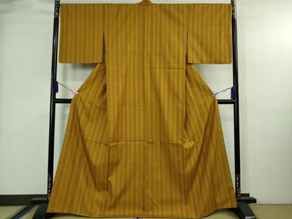 平和屋本店●極上　山下八百子　本場黄八丈　紬　市松綾織　縞　逸品　未使用　DZAB3801kh6