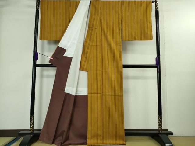 平和屋本店●極上　山下八百子　本場黄八丈　紬　市松綾織　縞　逸品　未使用　DZAB3801kh6