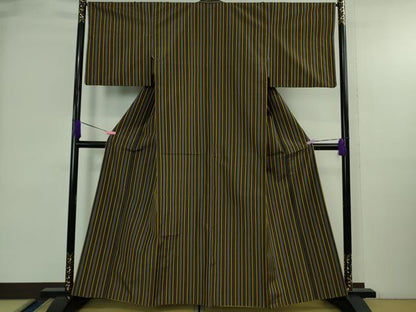 平和屋本店●極上　本場黄八丈　黒八丈　紬　平織　縞　逸品　DZAB3802kh6