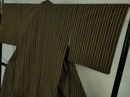 平和屋本店●極上　本場黄八丈　黒八丈　紬　平織　縞　逸品　DZAB3802kh6