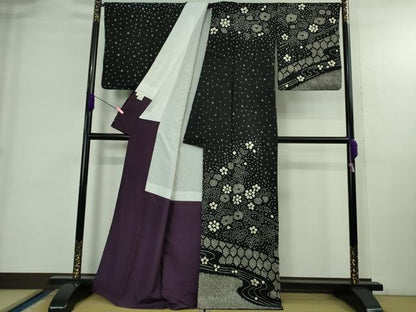 平和屋着物●極上　訪問着　絞り　草花文　黒地　逸品　DZAB3808kh6