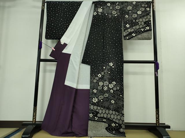 平和屋着物●極上　訪問着　絞り　草花文　黒地　逸品　DZAB3808kh6