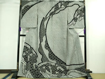 平和屋着物●極上　訪問着　絞り　草花文　黒地　逸品　DZAB3809kh6
