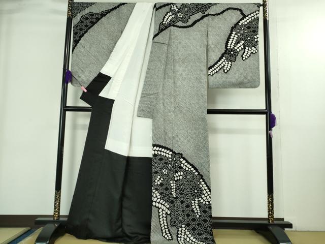 平和屋着物●極上　訪問着　絞り　草花文　黒地　逸品　DZAB3809kh6